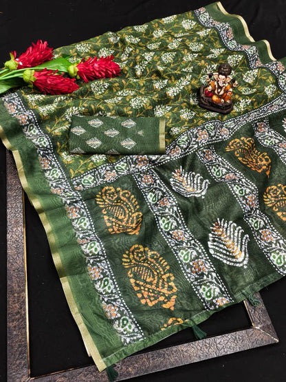 Green woven cotton silk saree with blouse piece