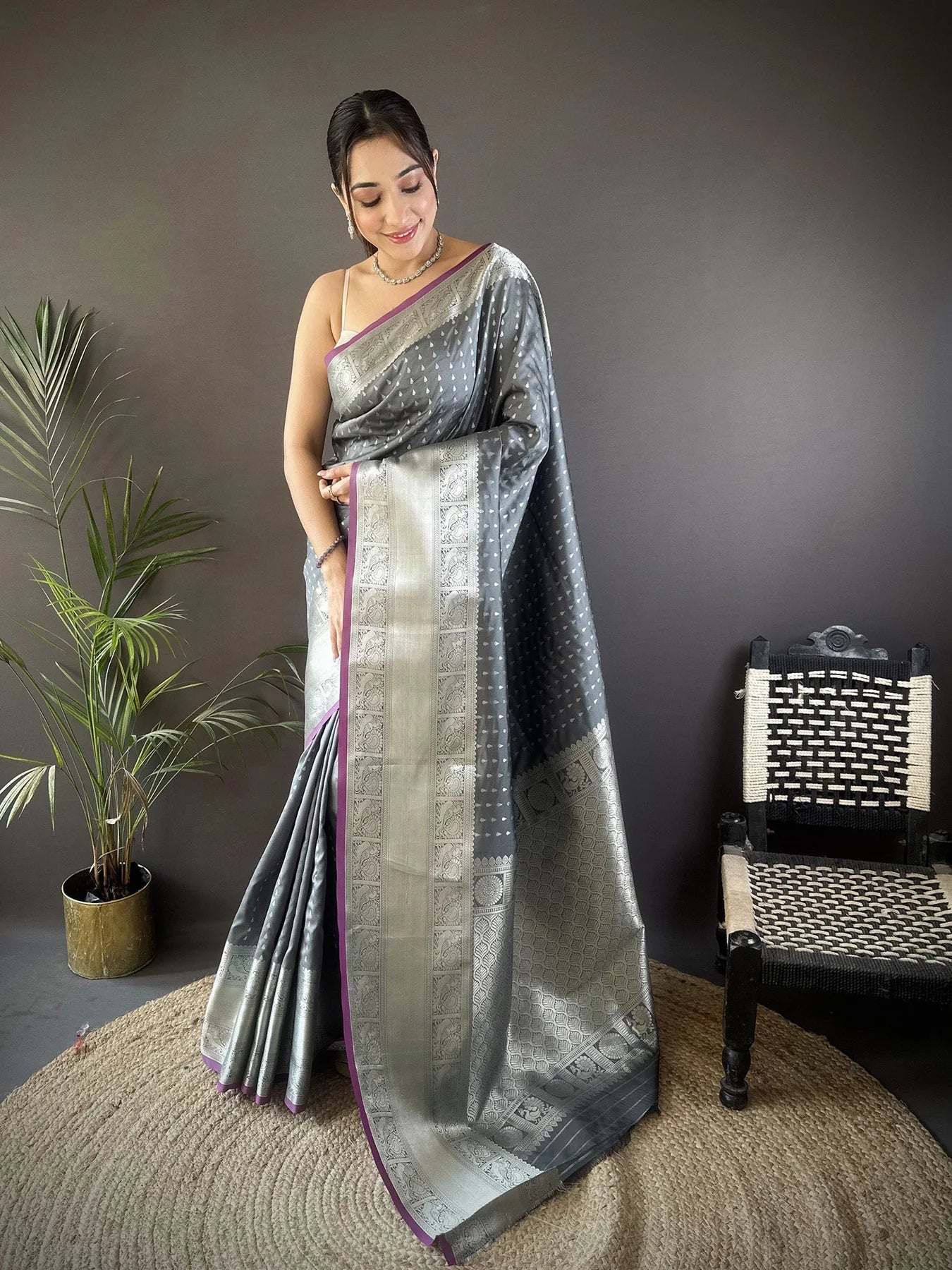 Grey Banarasi Silk Saree with Zari Border