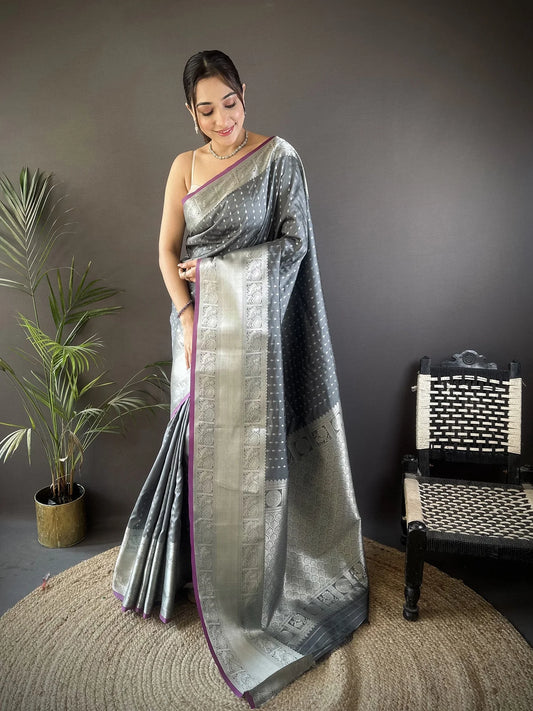 Grey Banarasi Silk Saree with Zari Border