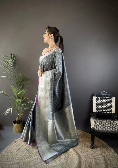Grey Banarasi Silk Saree with Zari Border