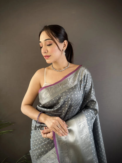 Grey Banarasi Silk Saree with Zari Border