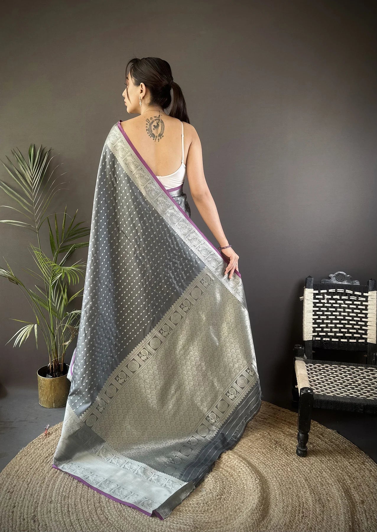 Grey Banarasi Silk Saree with Zari Border