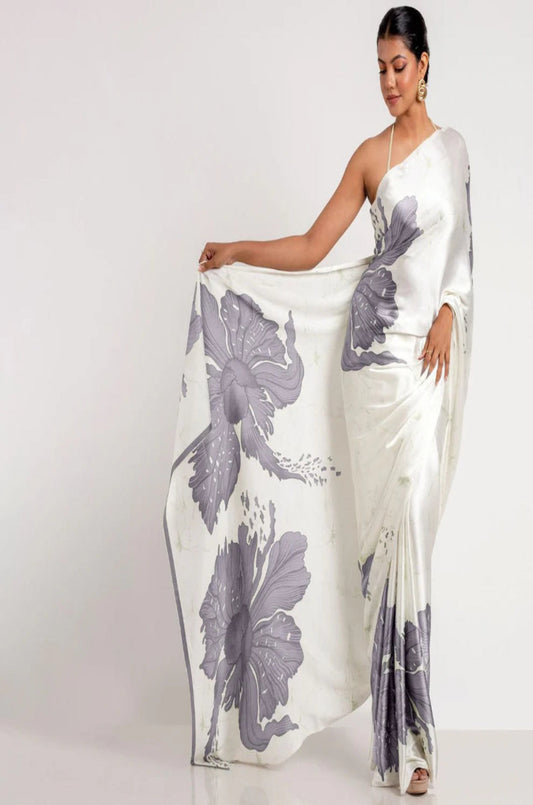 Grey Japan Satin Saree With Floral Print