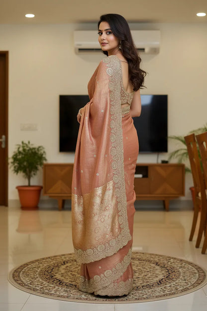 Beautiful woman wearing a stylish siffon saree with soft, flowy fabric and elegant design, perfect for festive and party occasions.