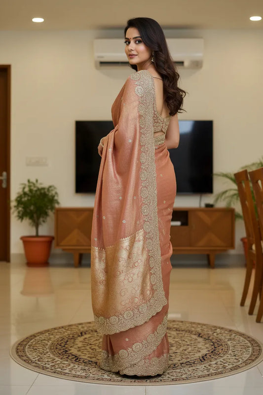 Beautiful woman wearing a stylish siffon saree with soft, flowy fabric and elegant design, perfect for festive and party occasions.
