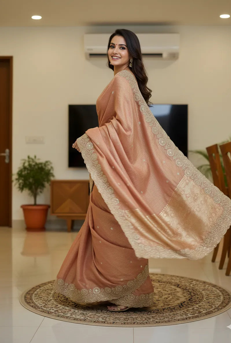 Beautiful woman wearing a stylish siffon saree with soft, flowy fabric and elegant design, perfect for festive and party occasions.