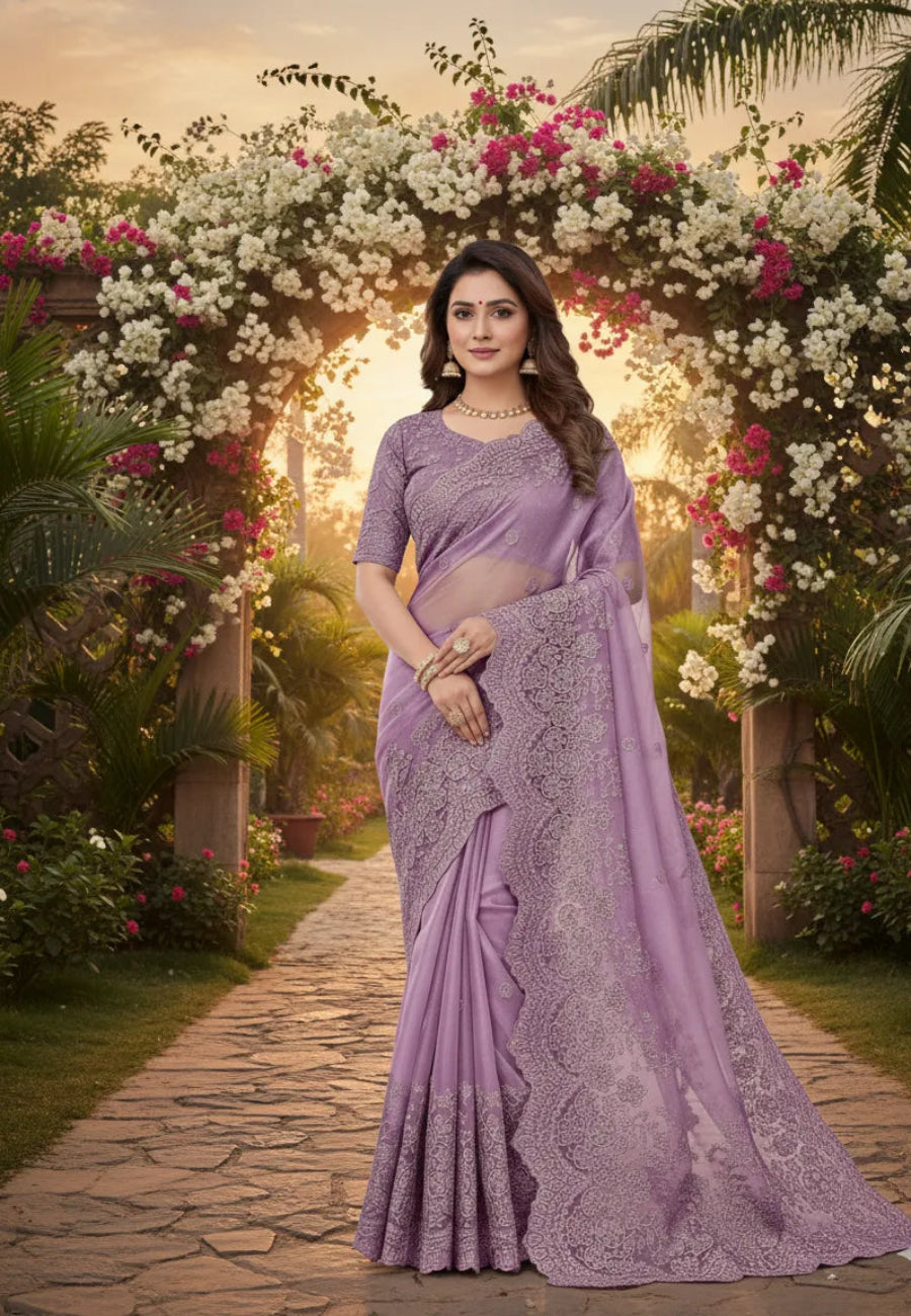 Lavender organza saree with embroidered blouse design featuring intricate lacework and floral garden backdrop