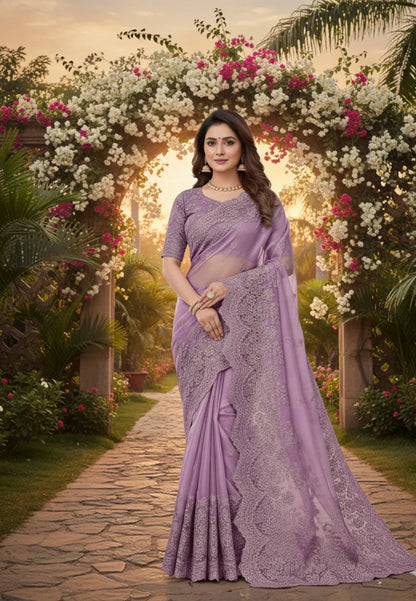 Lavender organza saree with embroidered blouse design featuring intricate lacework and floral garden backdrop