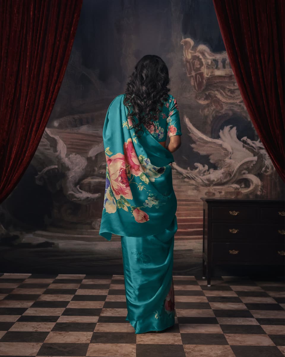 Blue Japan Satin Saree with Floral Print | Buy Online