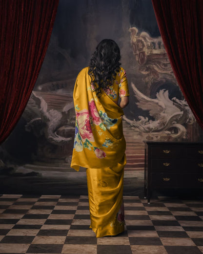 Yellow Japan Satin Saree with Floral Print | Buy Online