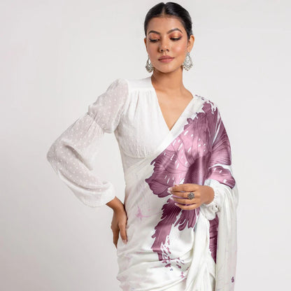 Lavender Floral Digital Printed Japan Satin Saree