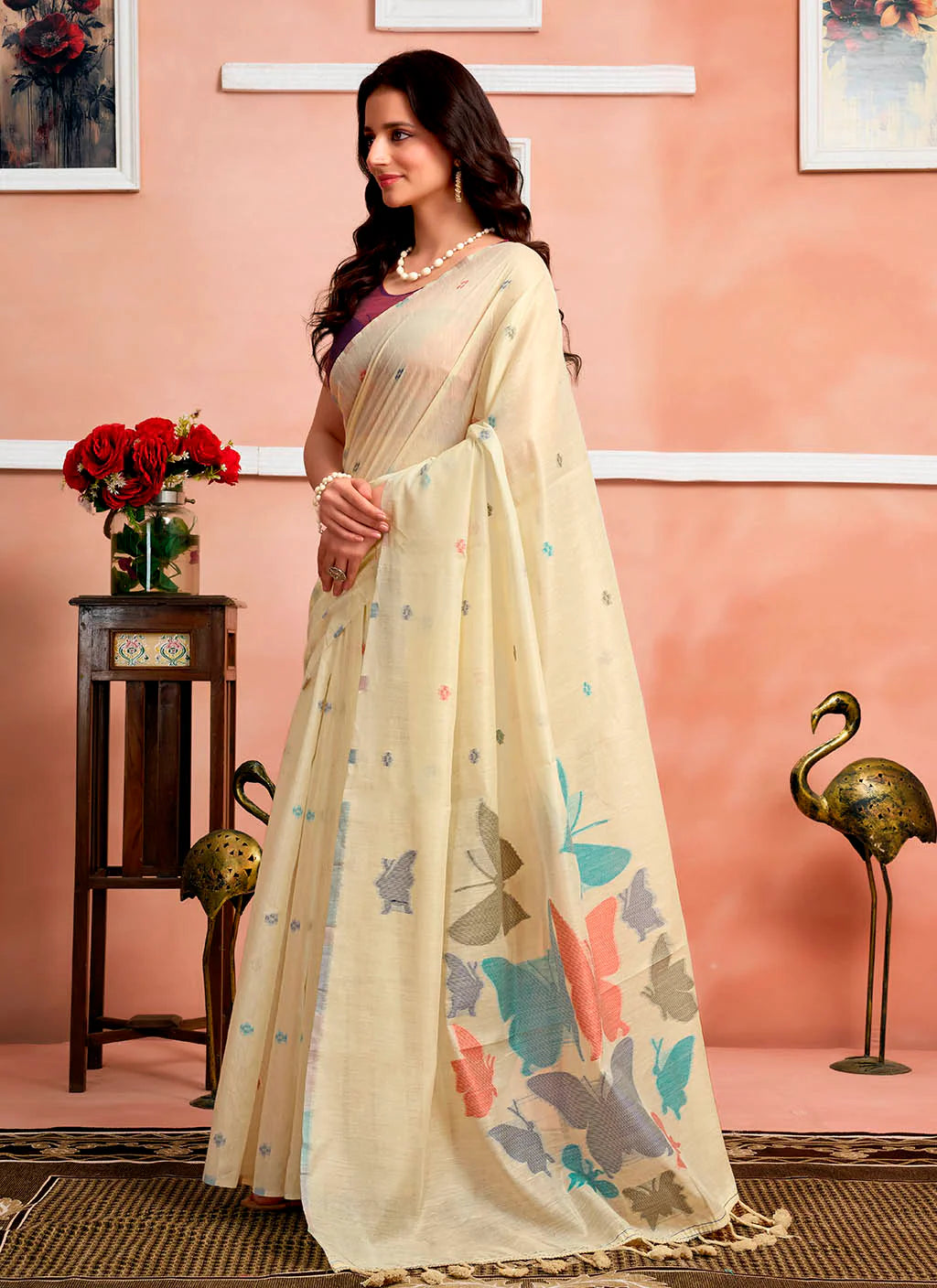 Pure Mul Cotton Saree with Hand Crafted Butterfly