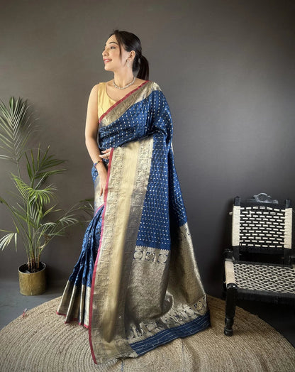 Navy Blue Banarasi Silk Saree with Zari Border