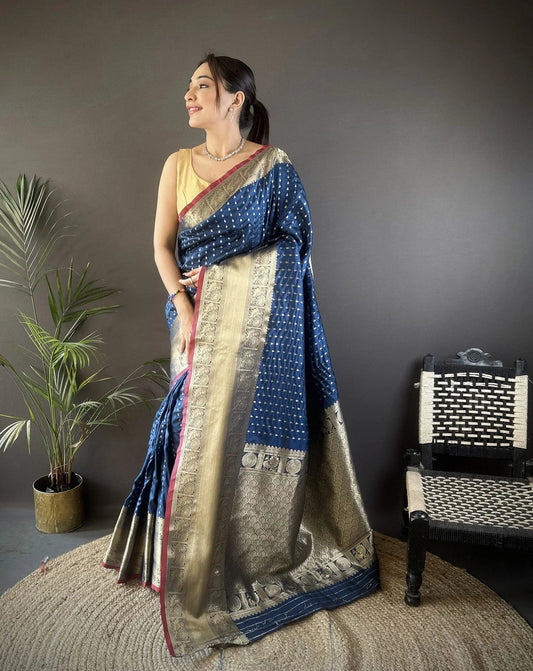 Navy Blue Banarasi Silk Saree with Zari Border