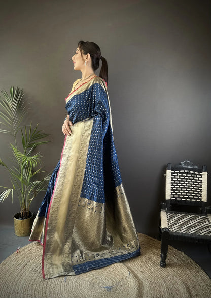 Navy Blue Banarasi Silk Saree with Zari Border