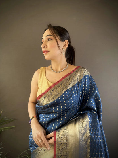 Navy Blue Banarasi Silk Saree with Zari Border