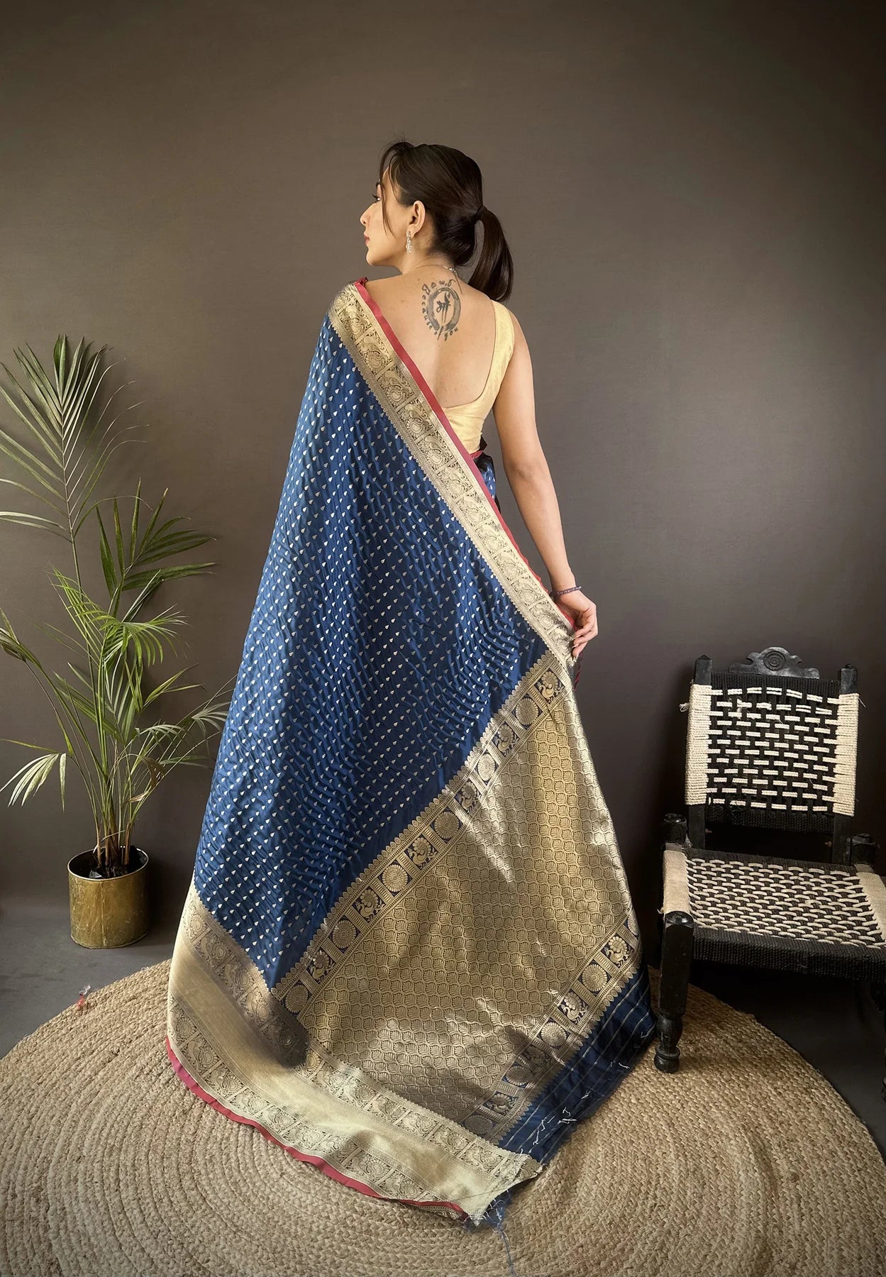 Navy Blue Banarasi Silk Saree with Zari Border