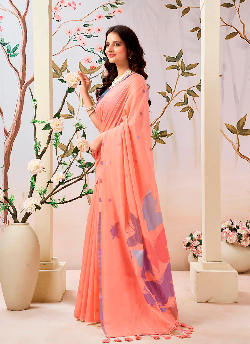 Close-up of a pure Mul cotton saree with soft texture, perfect for comfortable and stylish wear.