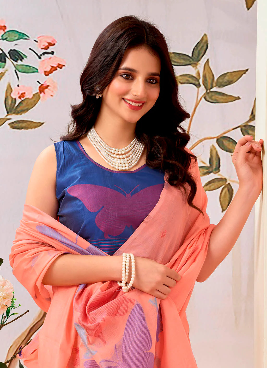 Close-up of a pure Mul cotton saree with soft texture, perfect for comfortable and stylish wear.