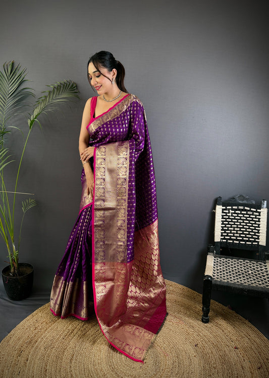 Purple Banarasi Silk Saree with Zari Border