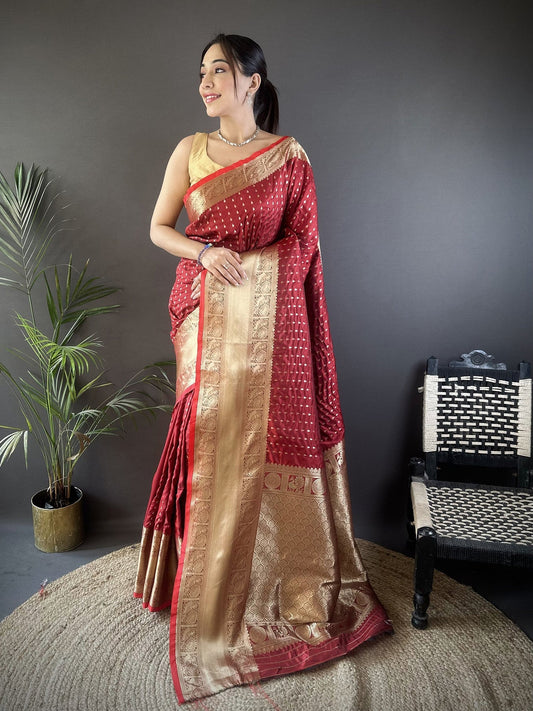 Red Banarasi Silk Saree with Zari Border