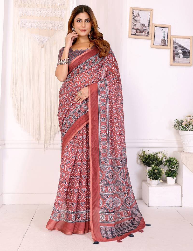 Elegant Red woven cotton silk saree with blouse piece Digital Leaf Print