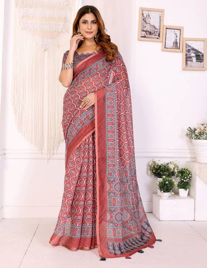 Elegant Red woven cotton silk saree with blouse piece Digital Leaf Print