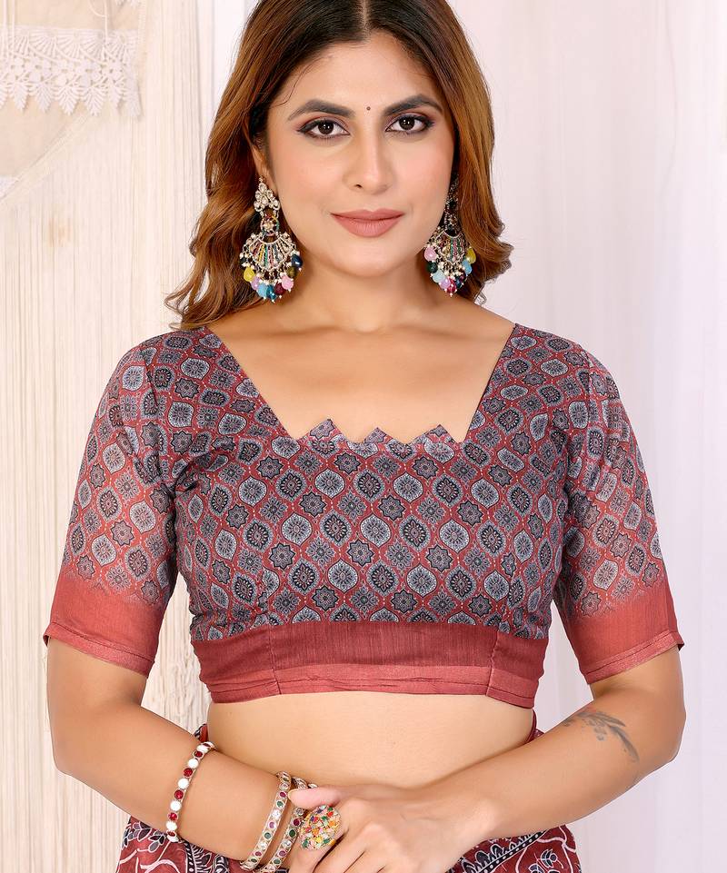 Elegant Red woven cotton silk saree with blouse piece Digital Leaf Print
