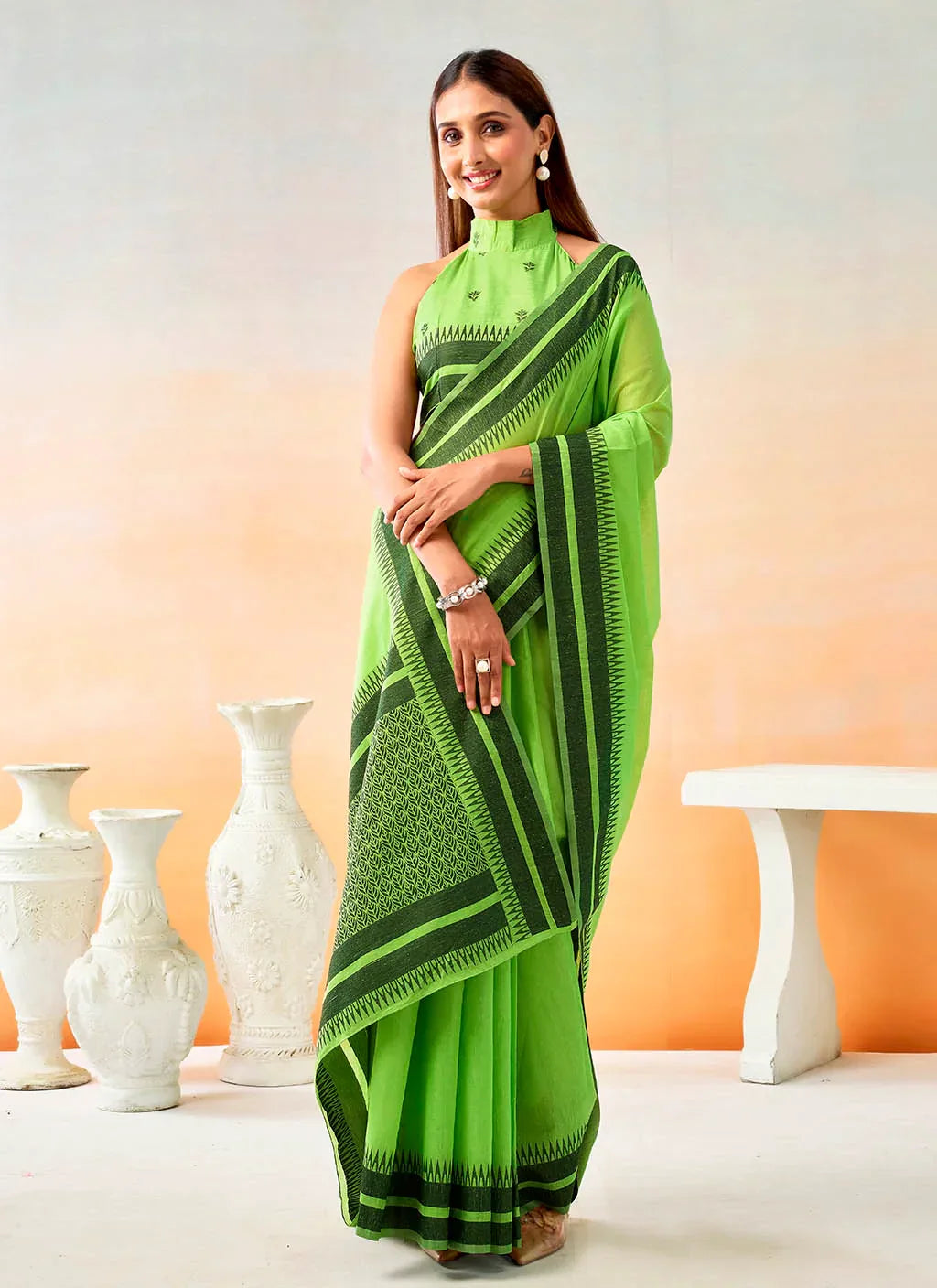 Pure Spun Cotton Handloom Style Temple Weave Border