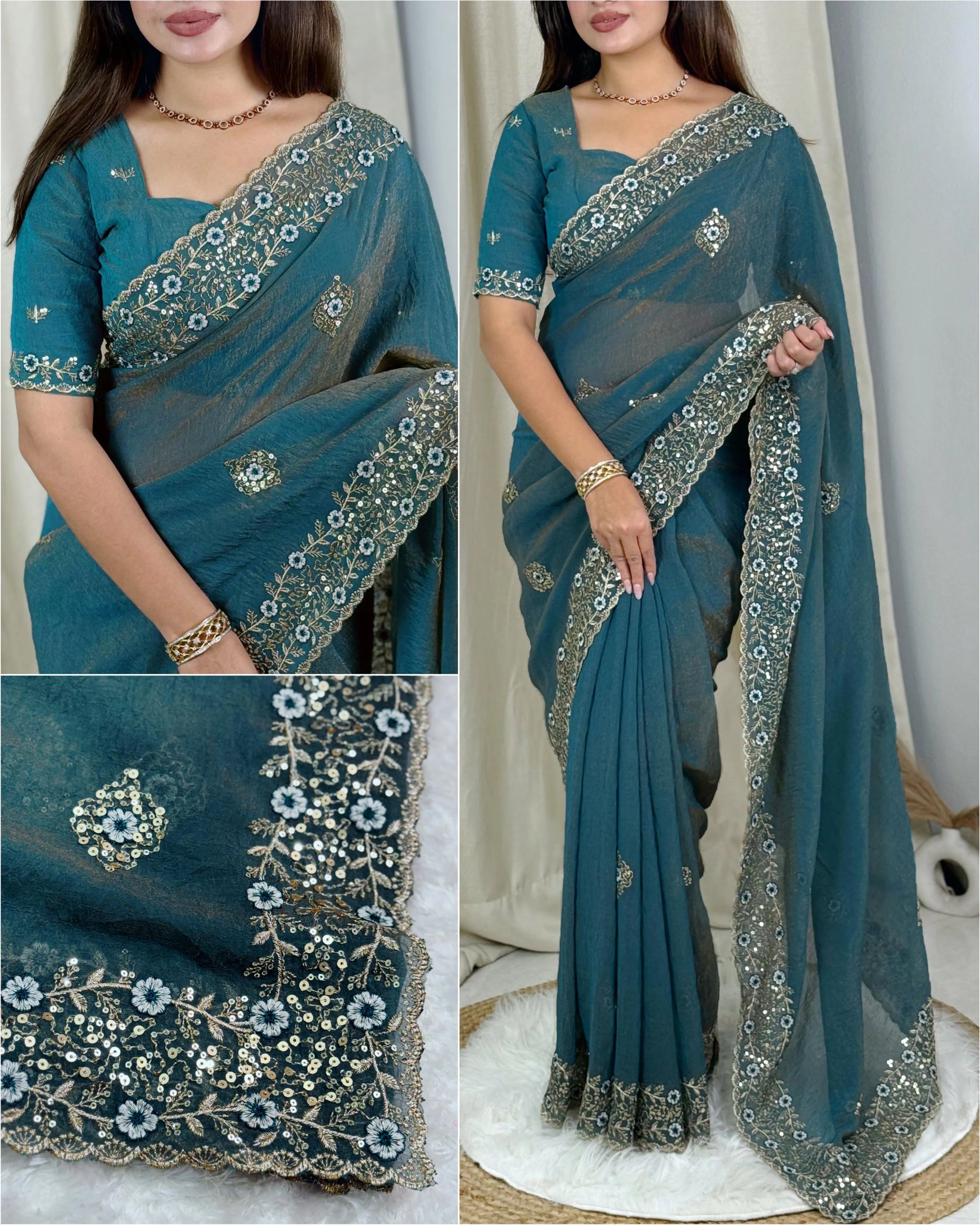 Golden tissue saree with delicate embroidery, showcasing a lightweight and glossy fabric perfect for festive wear.