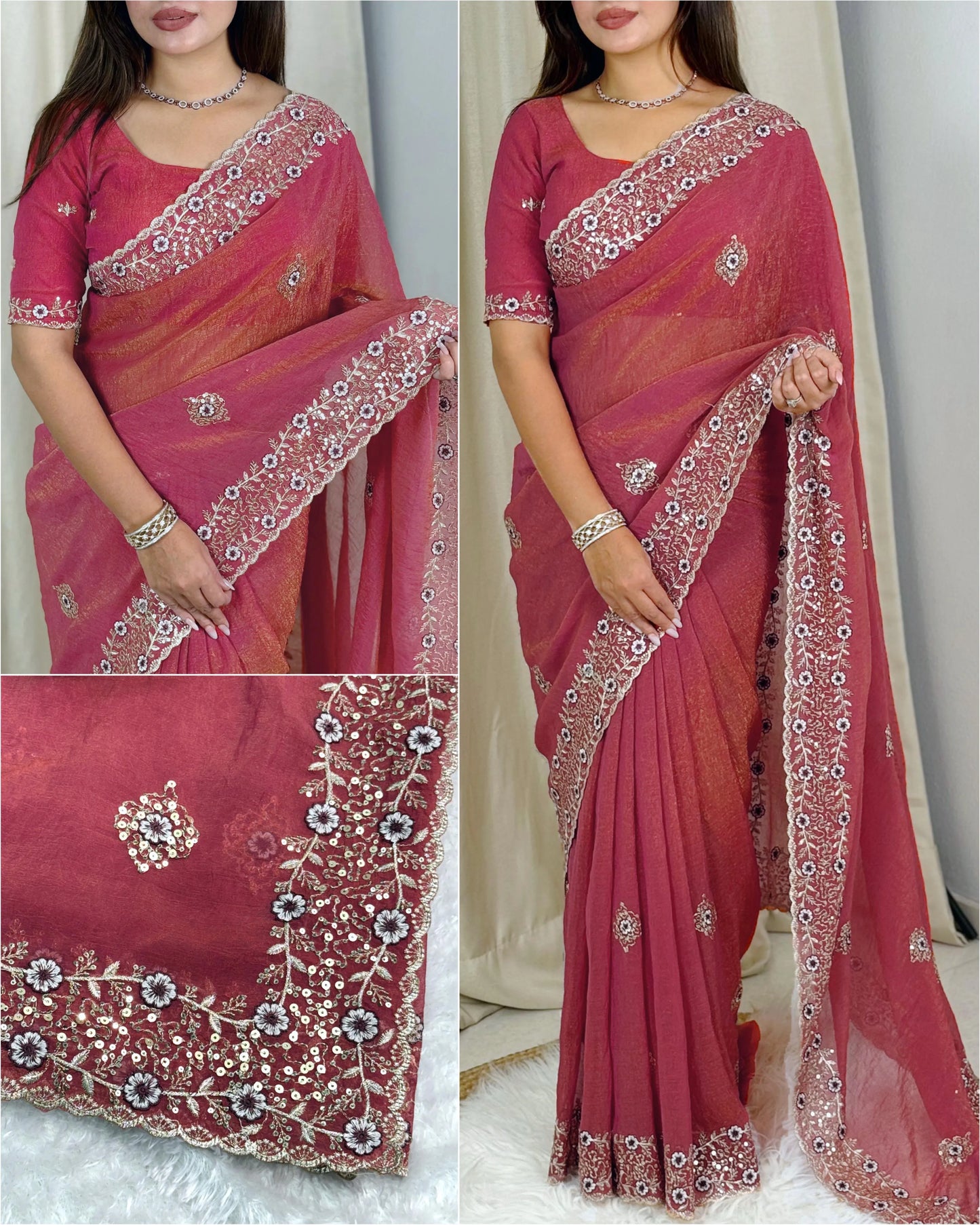 Shimmering tissue saree with intricate detailing, offering a lightweight and elegant look for special occasions.