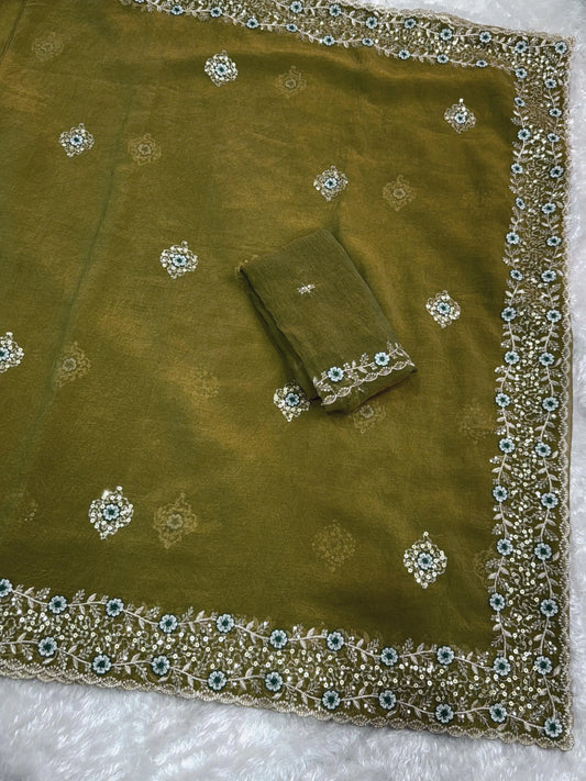 Woman wearing a shimmering tissue saree with a soft, flowing texture, ideal for festive and special occasions.