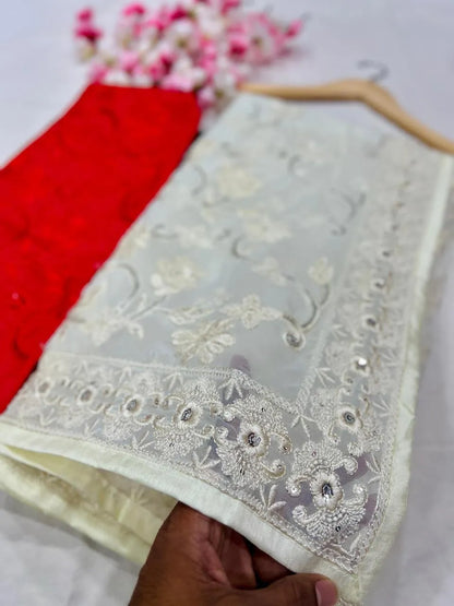 Beautiful woman wearing a stylish georgette saree with soft, flowy fabric and elegant design, perfect for festive and party occasions.