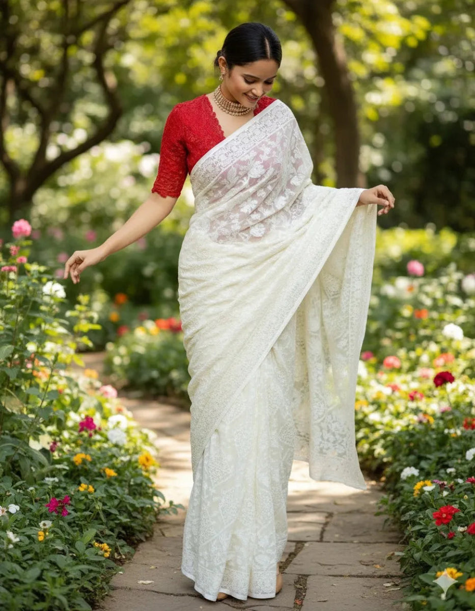 Beautiful woman wearing a stylish georgette saree with soft, flowy fabric and elegant design, perfect for festive and party occasions.
