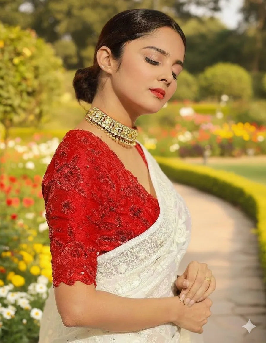 Beautiful woman wearing a stylish georgette saree with soft, flowy fabric and elegant design, perfect for festive and party occasions.