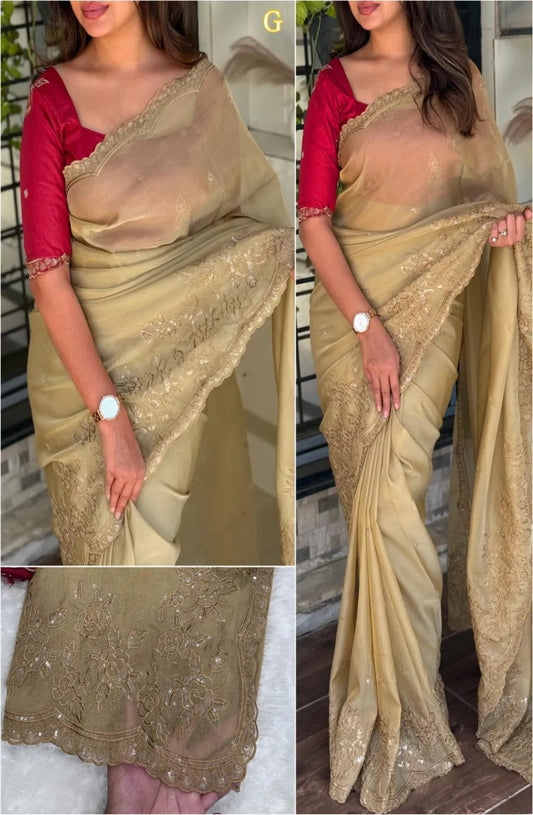 Elegant embroidered saree for women with intricate floral work and stylish designer blouse, ideal for festive and wedding occasions.