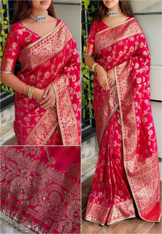 Beautiful Banarasi silk saree with golden zari embroidery