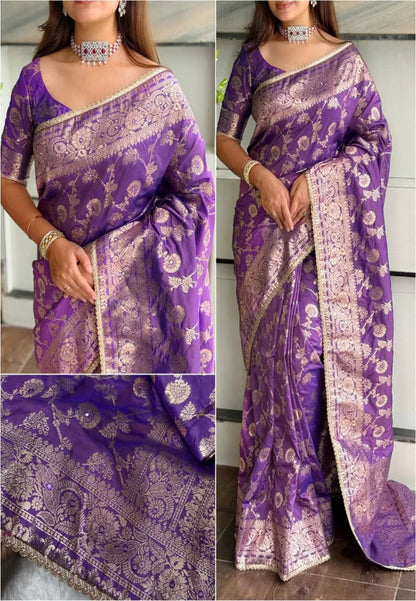 Royal blue Banarasi silk saree with copper zari weaving and stone embellishments