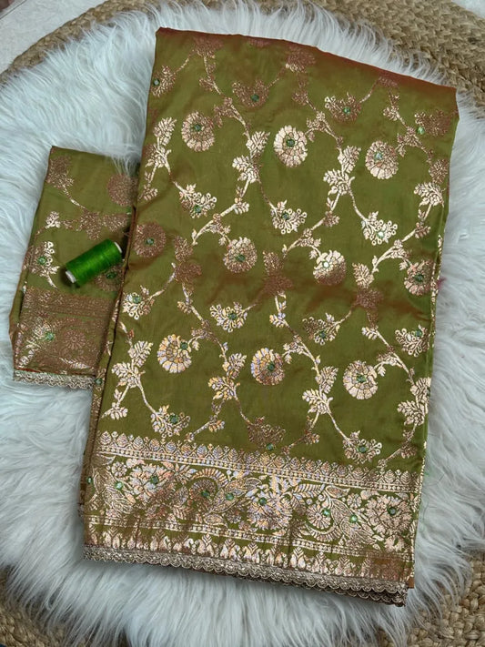 Mehndi color Banarasi silk saree with copper zari weaving and stone work