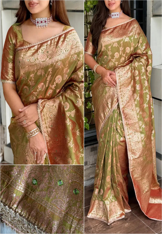 Mehndi color Banarasi silk saree with copper zari weaving and stone work