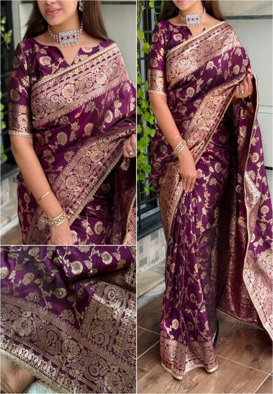 Maroon Banarasi silk saree with golden floral zari embroidery and rich border