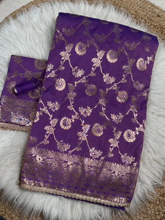 Royal blue Banarasi silk saree with copper zari weaving and stone embellishments