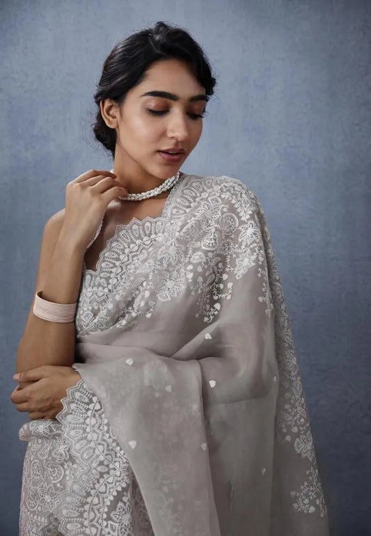 White organza saree with sleeveless embroidered blouse design featuring intricate lace border and minimal studio backdrop