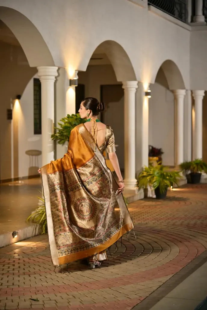 Stunning Mustard Gold Tussar Silk Saree with Ornate Brocade Pallu - Festive Bridal Wear