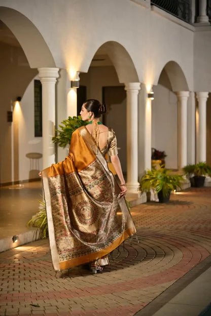 Stunning Mustard Gold Tussar Silk Saree with Ornate Brocade Pallu - Festive Bridal Wear