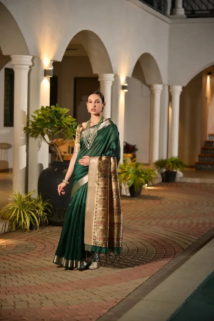 Majestic Emerald Green Tussar Silk Saree with Golden Zari Border - Luxury Bridal Collection