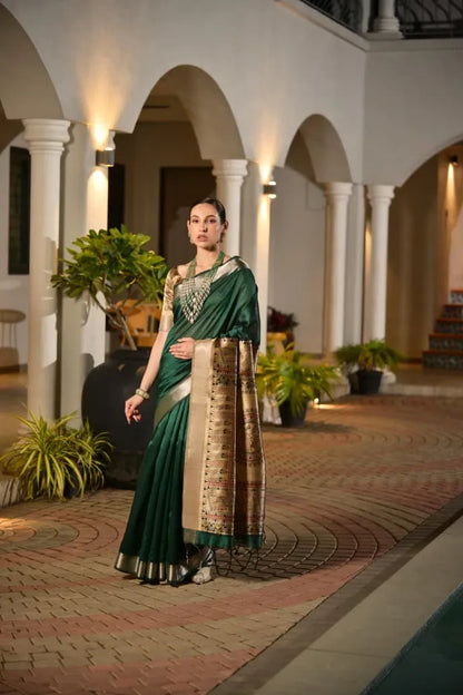 Majestic Emerald Green Tussar Silk Saree with Golden Zari Border - Luxury Bridal Collection