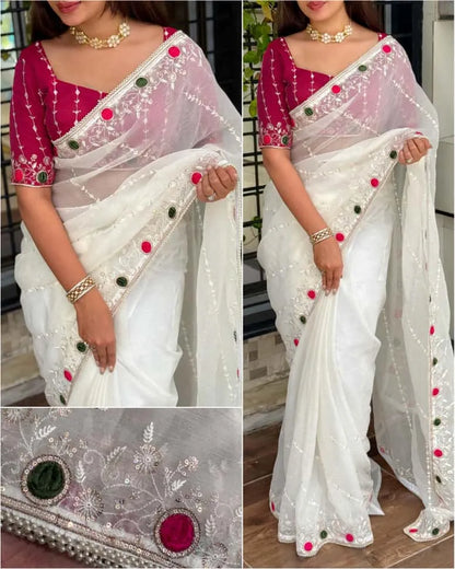 White crush saree with embroidered net overlay and designer magenta blouse featuring mirror work border