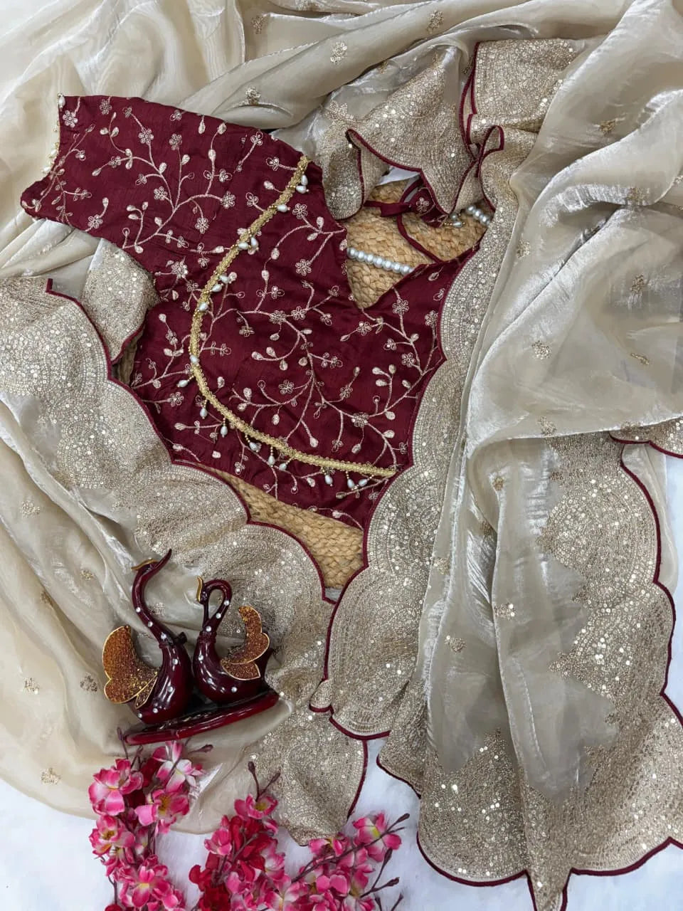 Designer Saree Online | Golden Beige Saree with Maroon Blouse