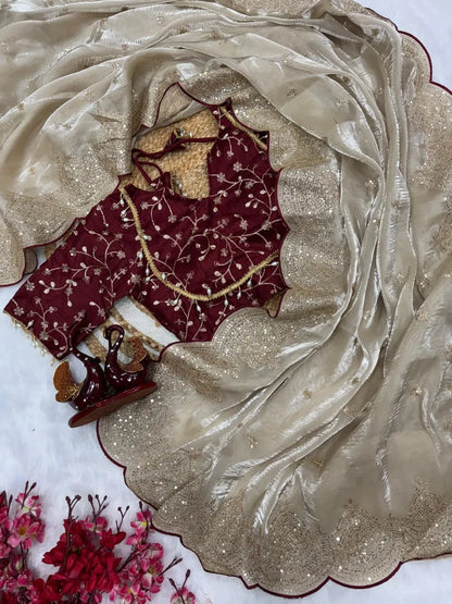Designer Saree Online | Golden Beige Saree with Maroon Blouse